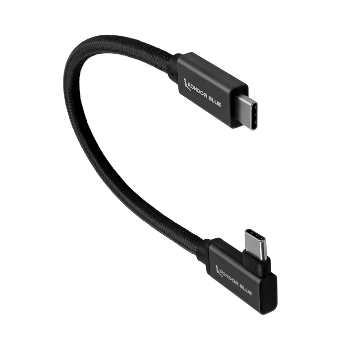 Kondor Blue Right Angle 8.5" USB-C 3.1 Gen 2 Braided Cable for 8K Data and Power Delivery - Raven Black