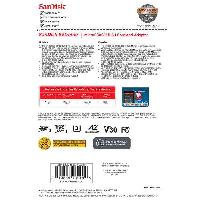 SanDisk 1TB Extreme UHS-I microSDXC Memory Card with SD Adapter