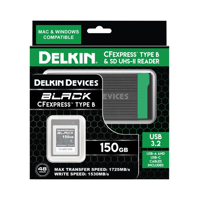 Delkin Devices BLACK 150GB BLACK CFExpress Type B Memory Card with USB 3.2 CFexpress Type B & SD UHS-II Memory Card Reader Bundle