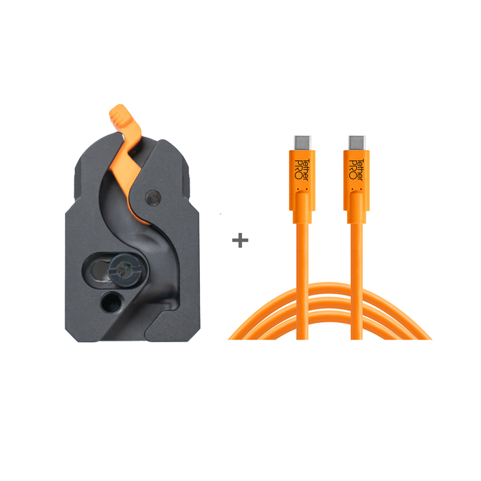 Tether Tools TetherGuard LeverLock Plate & Cable Bundle, Straight USB-C to Straight USB-C, 15' - High Visibility Orange