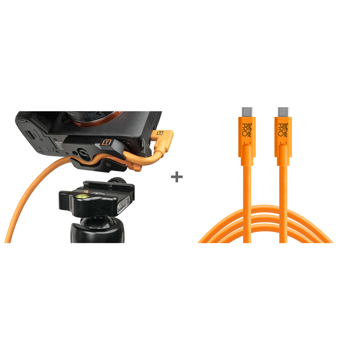 Tether Tools TetherGuard LeverLock Plate & Cable Bundle, Straight USB-C to Straight USB-C, 15' - High Visibility Orange