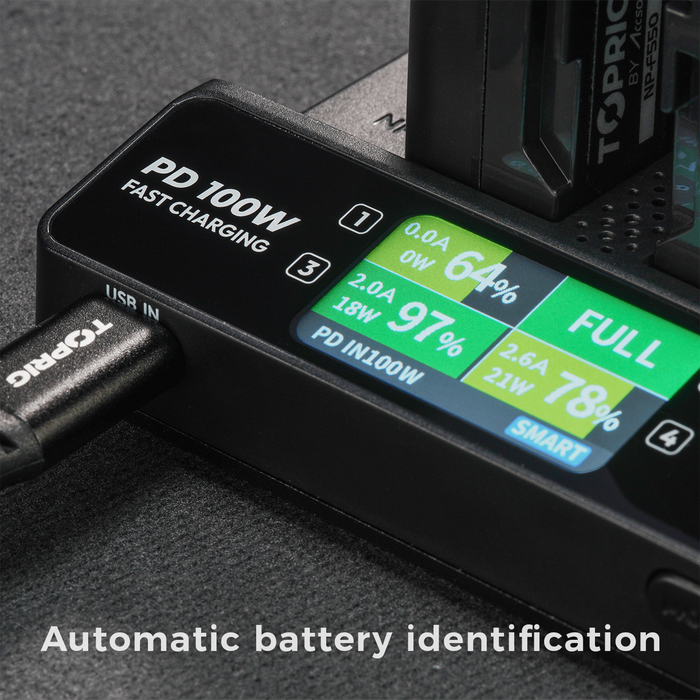Accsoon TopRig 100W 4-Bay NP-F Fast Charger Kit with 100W PD Cable & 100W Power Adapter