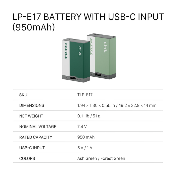 Tilta LP-E17 Battery with USB-C Input (950mAh) - Forest Green