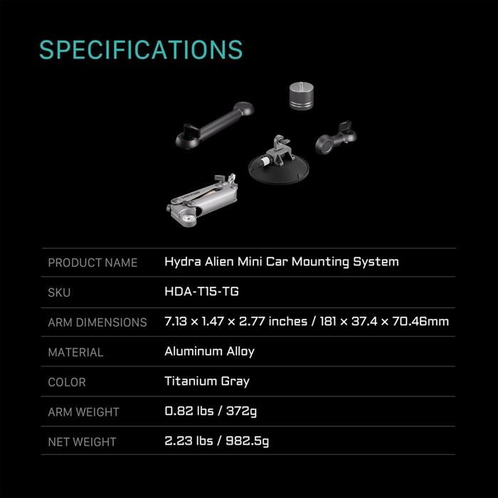 Tilta Hydra Alien Mini Car Mount with Regular Suction Cup - Titanium Gray