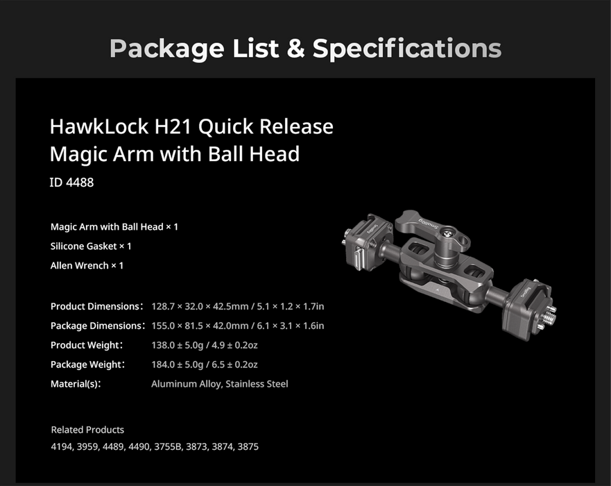 SmallRig HawkLock H21 Quick Release Rosette Magic Arm 7" 4490