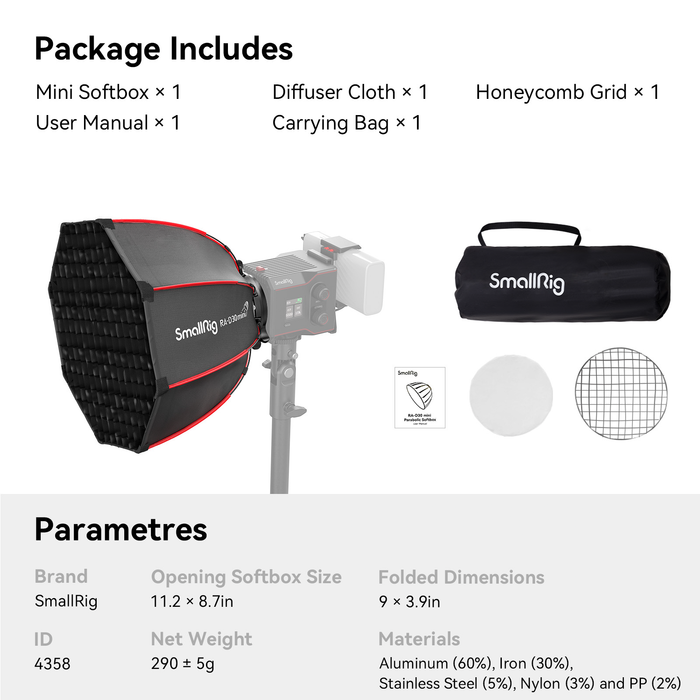 SmallRig RA-D30 Mini Parabolic Softbox for RC60/100 COB LED Video Light 4358