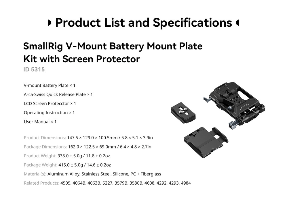 SmallRig V-Mount Battery Mount Plate Kit with Screen Protector, 65W PD Charging, LCD Bracket & Tool-Free Arca-Swiss QR Plate 5315