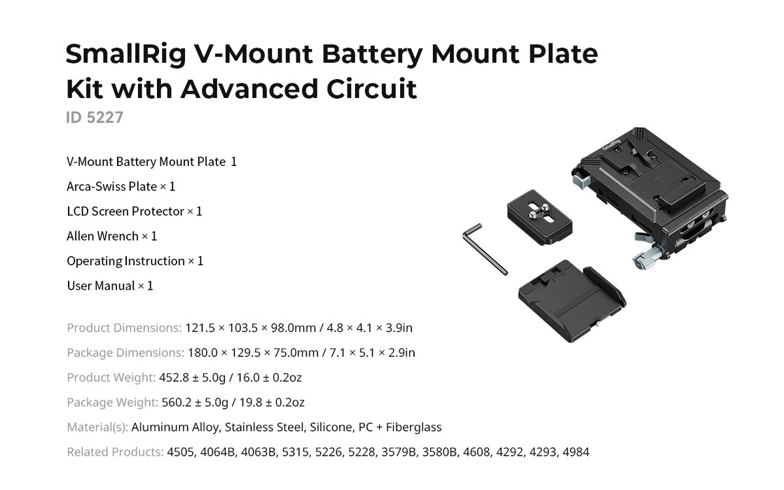 SmallRig V-Mount Battery Mount Plate Kit with Pro Circuit, 65W PD Charging, LCD Bracket & Tool-Free Arca-Swiss QR Plate 5227