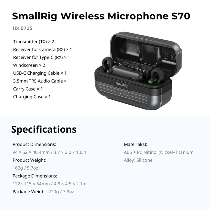 SmallRig S70 Ultra Thin Invisible Wireless Microphone for Phone & Camera (2TX + 2RX) 5715