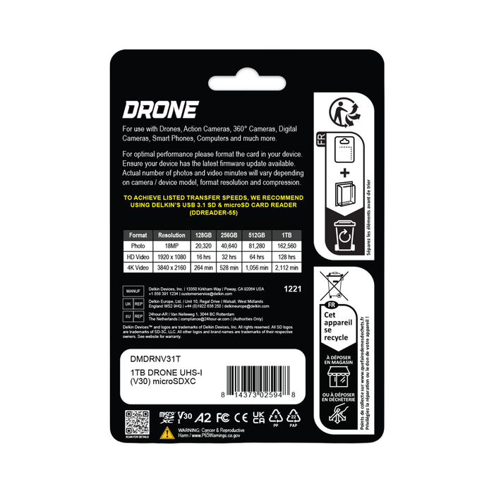 Delkin Devices 1TB DRONE UHS-I (U3/V30/A2) microSD Memory Card
