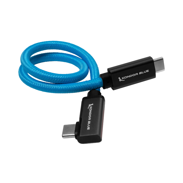 Kondor Blue USB-C to USB-C Right Angle Braided Cable for SSD Recording & Charging, 8K Data & Power Delivery, 12" - Kondor Blue