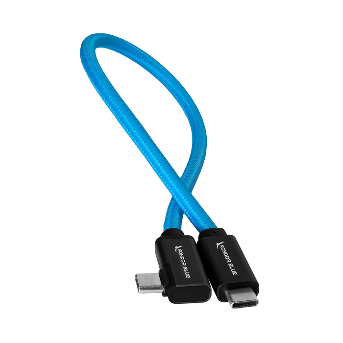 Kondor Blue USB-C to USB-C Right Angle Braided Cable for SSD Recording & Charging, 8K Data & Power Delivery, 12" - Kondor Blue