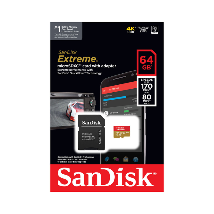 SanDisk 64GB Extreme microSDXC UHS-I Memory Card with SD Adapter