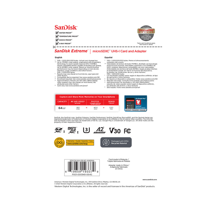 SanDisk 64GB Extreme microSDXC UHS-I Memory Card with SD Adapter