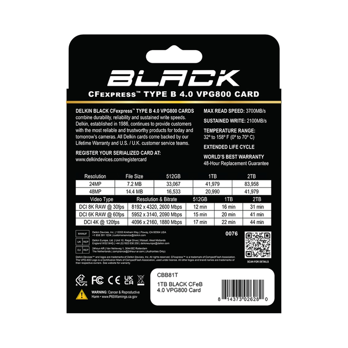 Delkin Devices 1TB BLACK CFexpress Type B 4.0 VPG800 Memory Card
