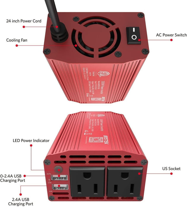 Bestek 300W Power Inverter DC 12V to 110V AC Car Inverter with 4.2A Dual USB Charging Ports Car Adapter