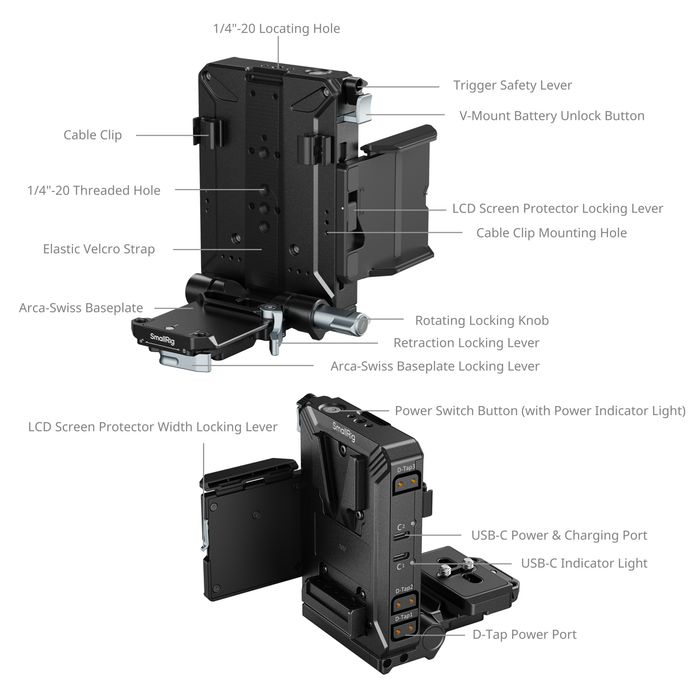 SmallRig V-Mount Battery Mount Plate Kit with Pro Circuit, 65W PD Charging, LCD Bracket & Tool-Free Arca-Swiss QR Plate 5227