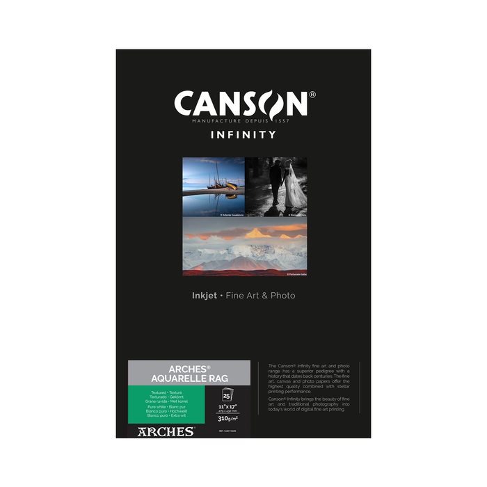 Canson Infinity ARCHES Aquarelle Rag Matte Inkjet Paper, 310 gsm, 11 x 17" - 25 Sheets