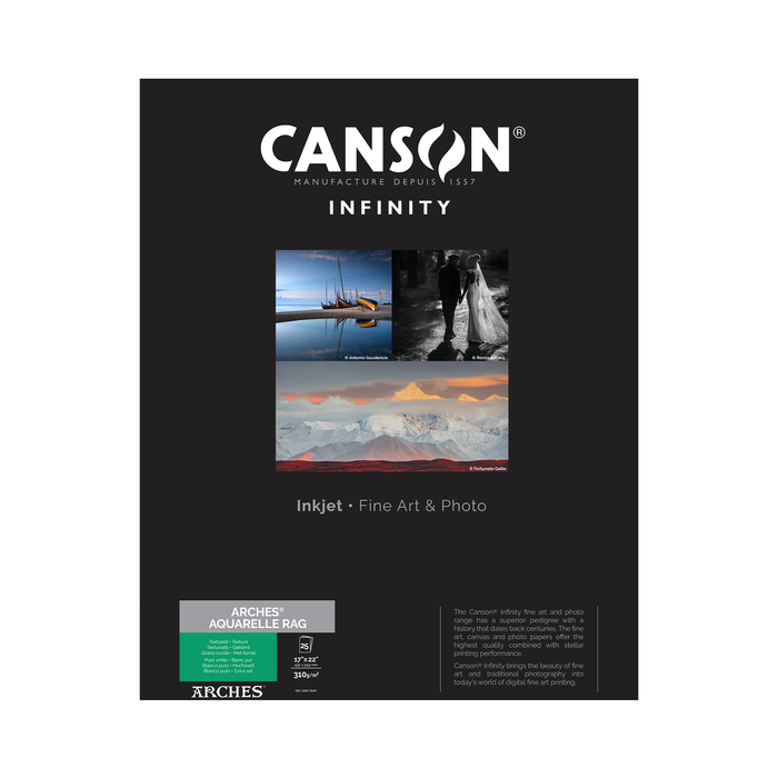 Canson Infinity ARCHES Aquarelle Rag Matte Inkjet Paper, 310 gsm, 17 x 22" - 25 Sheets