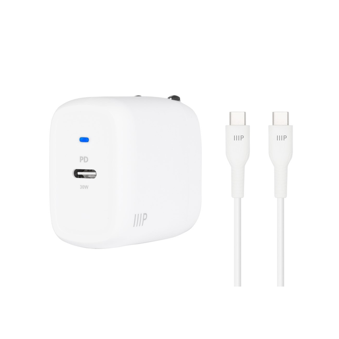 Monoprice iPad Pro Charging USB-C Cable & Mini Folding Wall Charger Bundle, 6ft (1.8m) - White