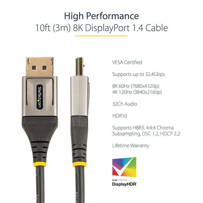 StarTech VESA 1.4 8K 60Hz HDR10 Ultra HD 4K 120Hz Male to Male Video DisplayPort Cable for Monitors/Displays - 10ft (3m)