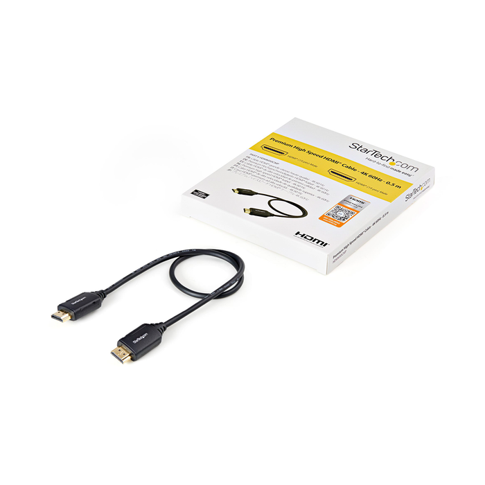 StarTech Premium High Speed Ultra HD 4K 60Hz 2.0 Male to Male HDMI Cable with Ethernet for UHD Monitors, TVs, Displays - 1.6ft (50cm)