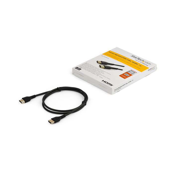 StarTech Premium High Speed UHD 4K 60Hz HDR 2.0 Male to Male HDMI Cable with Ethernet and Aramid Fiber for Ultra HD Monitors, TVs & Displays - 3ft (1m)