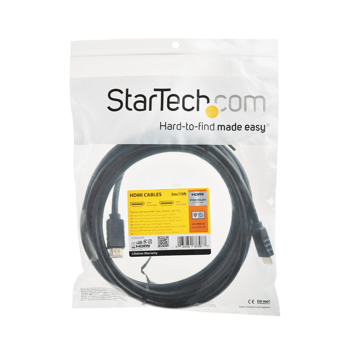 StarTech Premium High Speed Ultra HD 4K 60Hz 2.0 Male to Male HDMI Cable with Ethernet for UHD Monitors, TVs, Displays - 15ft (5m)