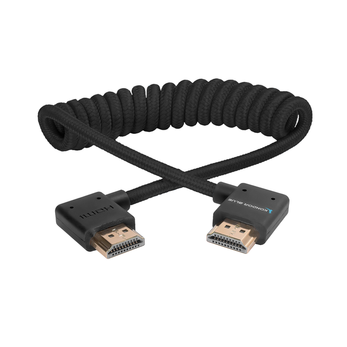 Kondor Blue Coiled Right-Angle High-Speed HDMI Cable for On Camera Monitors, 12" to 24" - Raven Black
