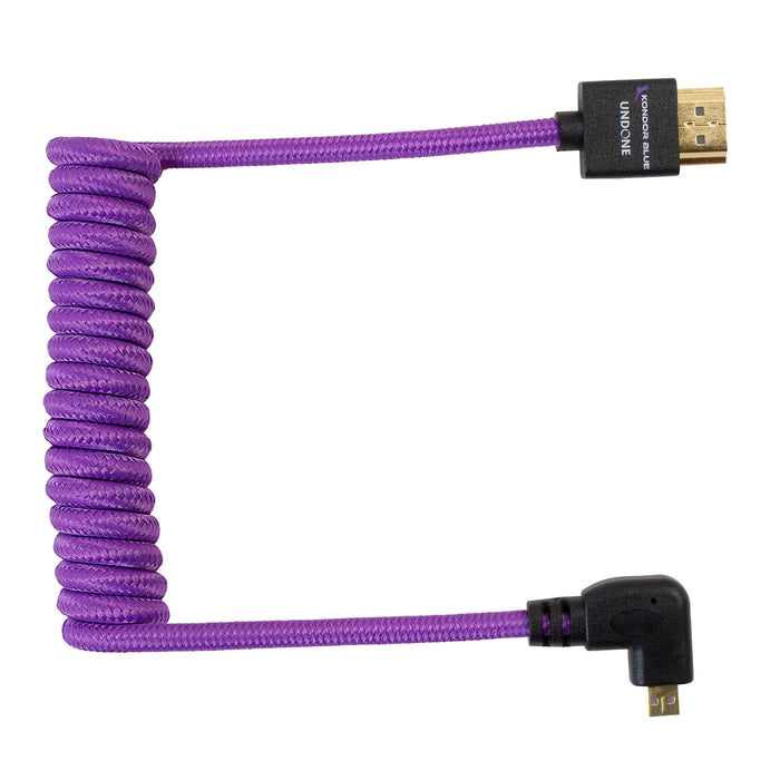 Kondor Blue Gerald Undone Braided Coiled High-Speed Right-Angle Micro-HDMI to HDMI Cable for Canon R5 & R6 Cameras, 12" to 24" - Limited Purple Edition