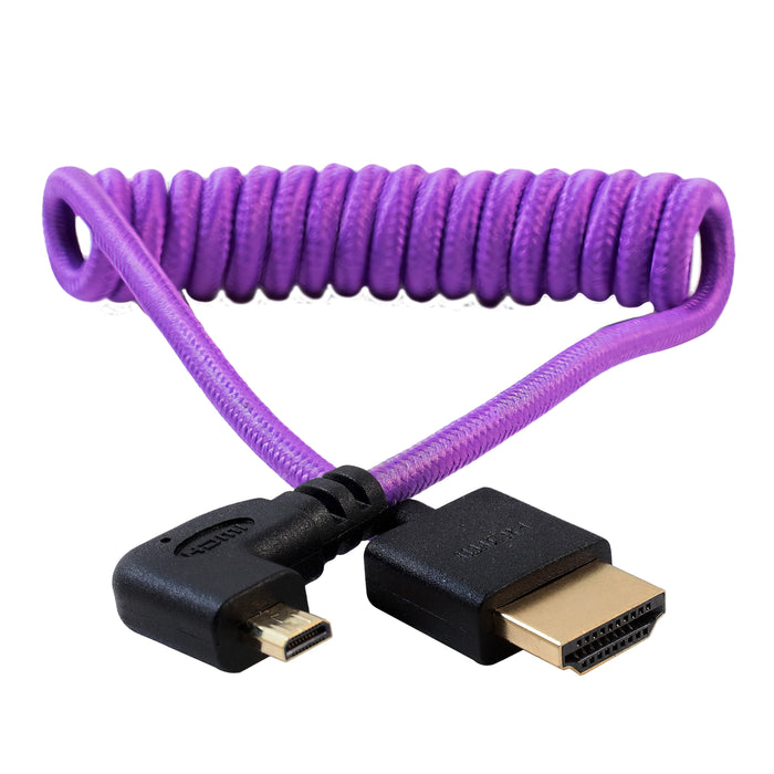 Kondor Blue Gerald Undone Braided Coiled High-Speed Right-Angle Micro-HDMI to HDMI Cable for Canon R5 & R6 Cameras, 12" to 24" - Limited Purple Edition