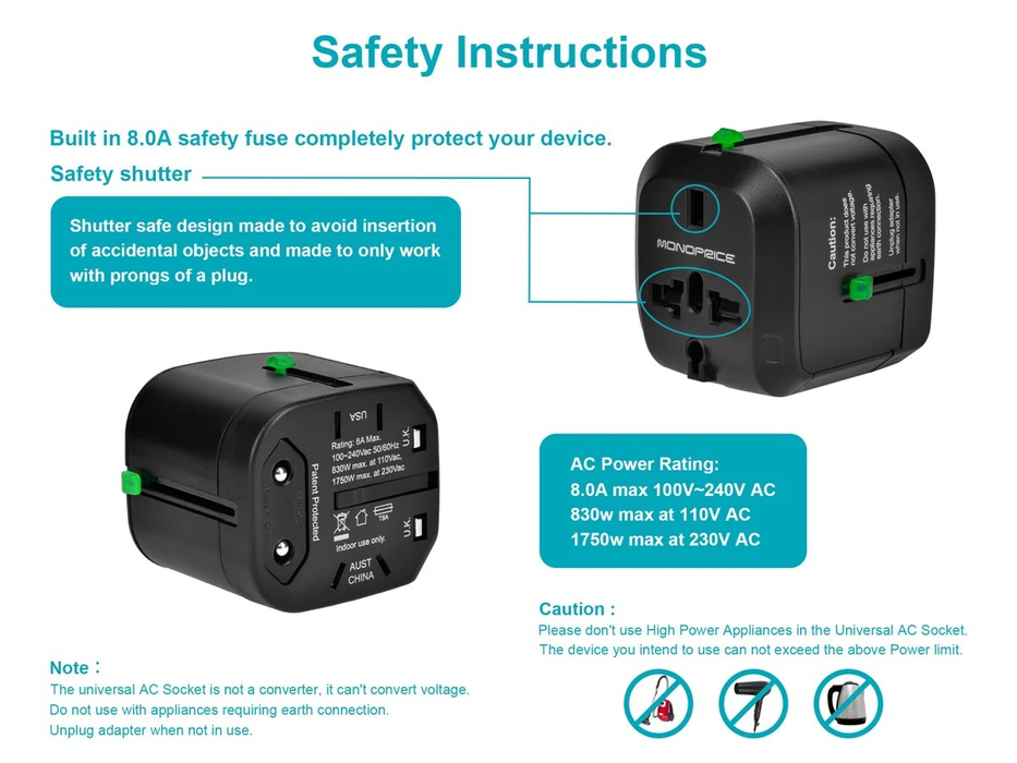 Monoprice Compact Cube Universal Travel Adapter - Black