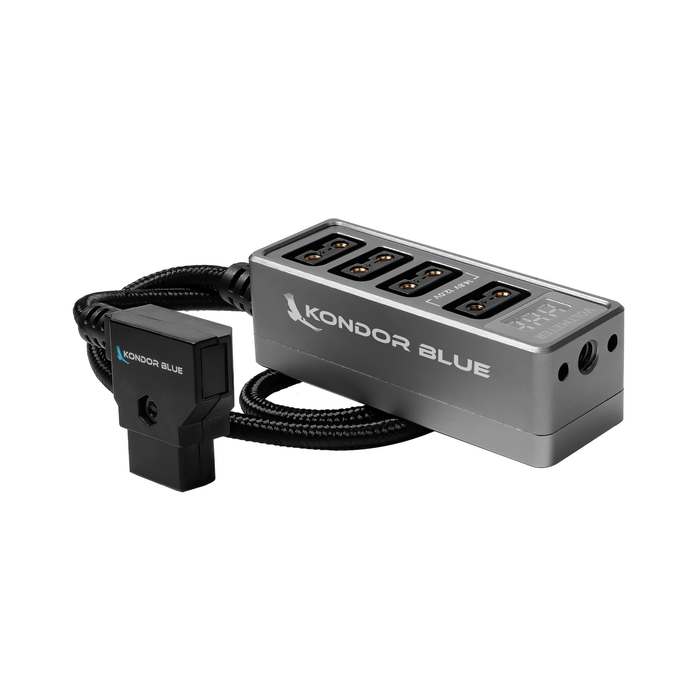 Kondor Blue Male D-Tap to 4-Port Female D-Tap Splitter Hub with 1/4"-20 Threads (12V), 16" - Space Gray