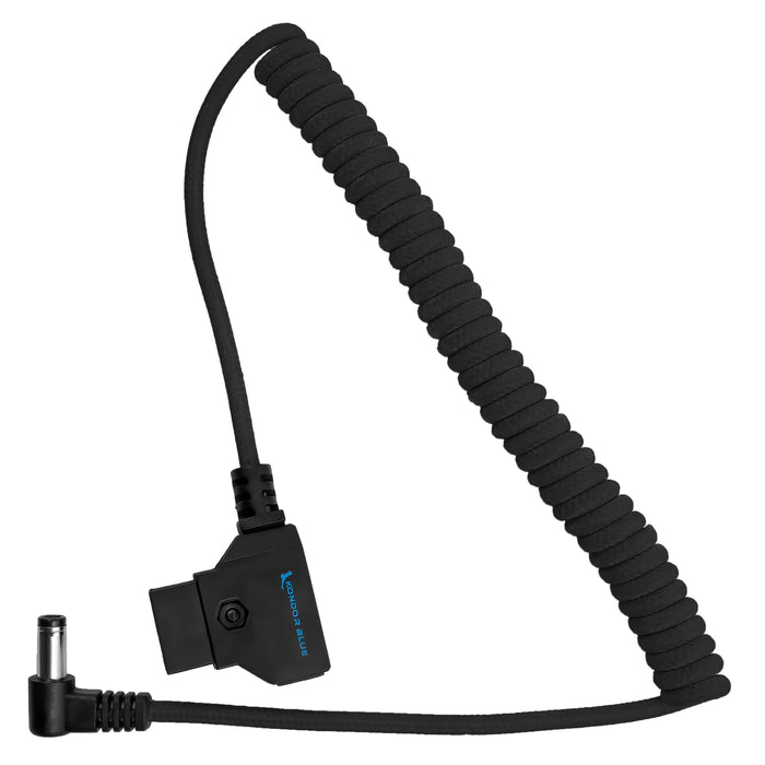 Kondor Blue D-Tap to DC Right Angle Coiled Cable for Canon C70/Atomos (5.5 x 2.5mm), 16 to 32" - Raven Black