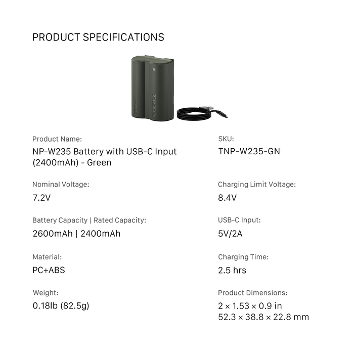 Tilta NP-W235 Battery with USB-C Input (2400mAh) - Green
