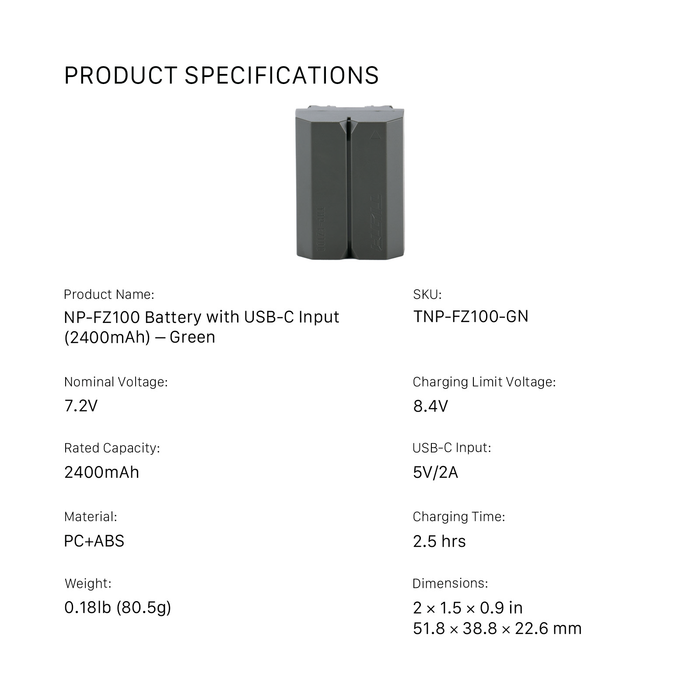 Tilta NP-FZ100 Battery with USB-C Input (2400mAh) - Green