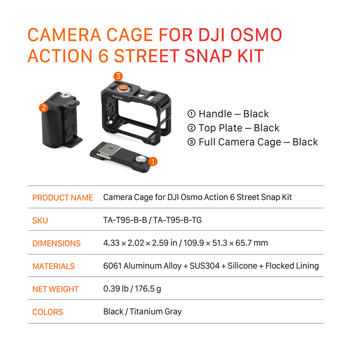Tilta Full Camera Cage with Street Snap Accessory Kit for DJI Osmo Action 6 - Titanium Gray