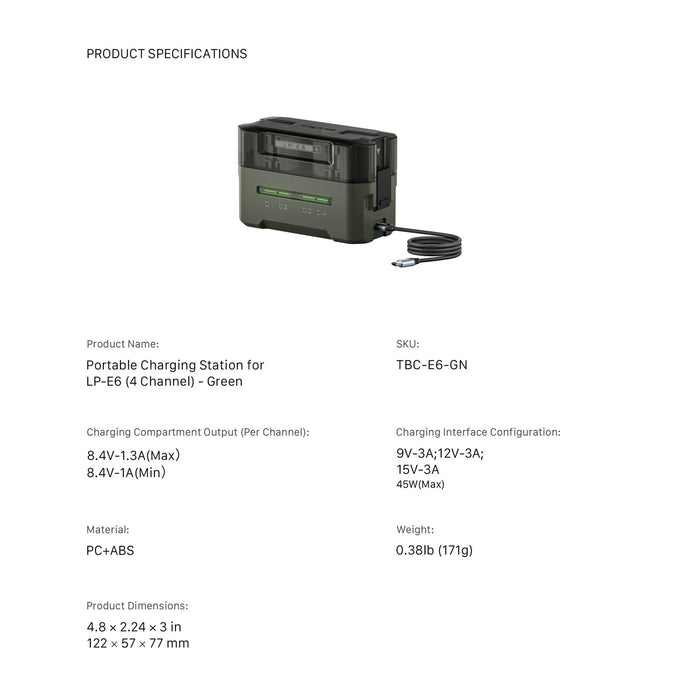 Tilta Portable 4-Bay Charging Station for Canon LP-E6 Batteries – Green
