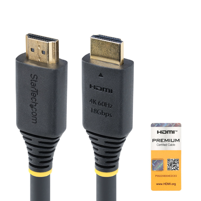 StarTech Premium Certified High Speed 4K 60Hz/1440p 144Hz, HDR10/HDCP 2.2/ARC, 18Gbps, Male to Male UHD 2.0 HDMI Cable - 25ft (7.6m)