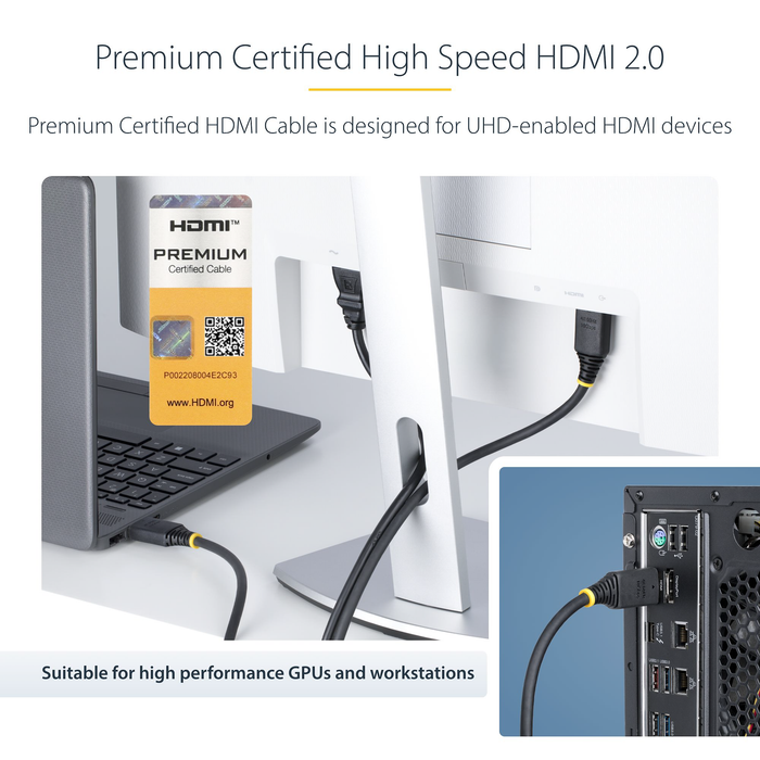 StarTech Premium Certified High Speed 4K 60Hz/1440p 144Hz, HDR10/HDCP 2.2/ARC, 18Gbps, Male to Male UHD 2.0 HDMI Cable - 25ft (7.6m)