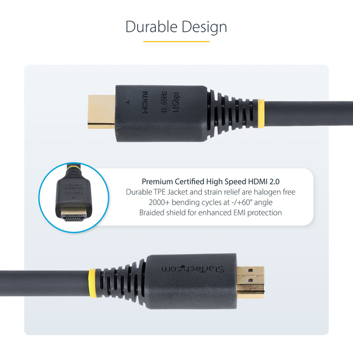 StarTech Premium Certified High Speed 4K 60Hz/1440p 144Hz, HDR10/HDCP 2.2/ARC, 18Gbps, Male to Male UHD 2.0 HDMI Cable - 25ft (7.6m)
