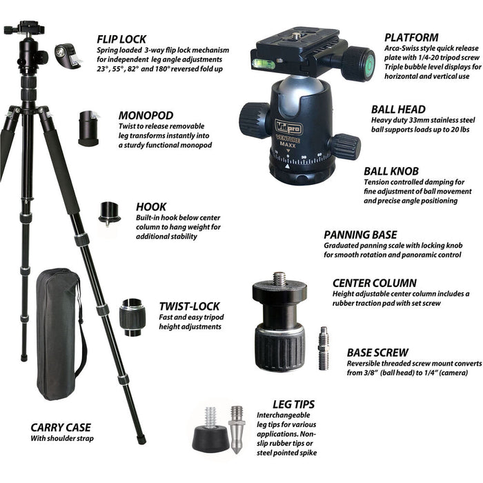 Vidpro VentureMaxx Pro 77" Aluminum Tripod with Ball Head