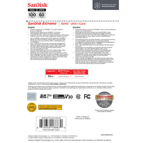 SanDisk 32GB Extreme UHS-I SDHC Memory Card